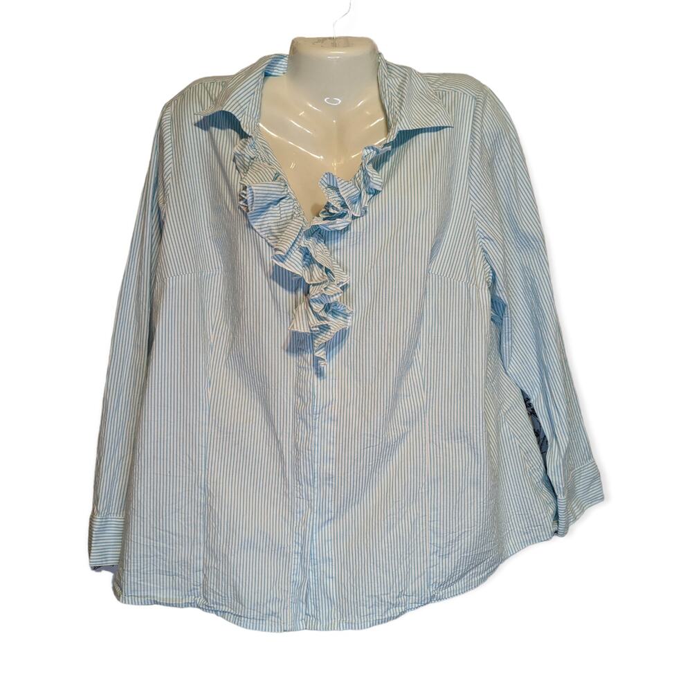 Lane Bryant Light Blue White Striped 3/4 Sleeve Ruffled Collared Blouse 20